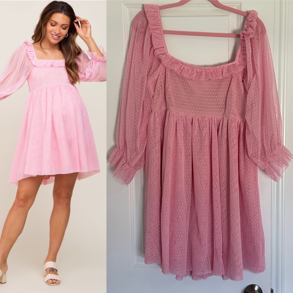 Entro Large Barbie Pink Polka Dot Mesh Tulle Ruffle Long Sleeve Maternity Dress
